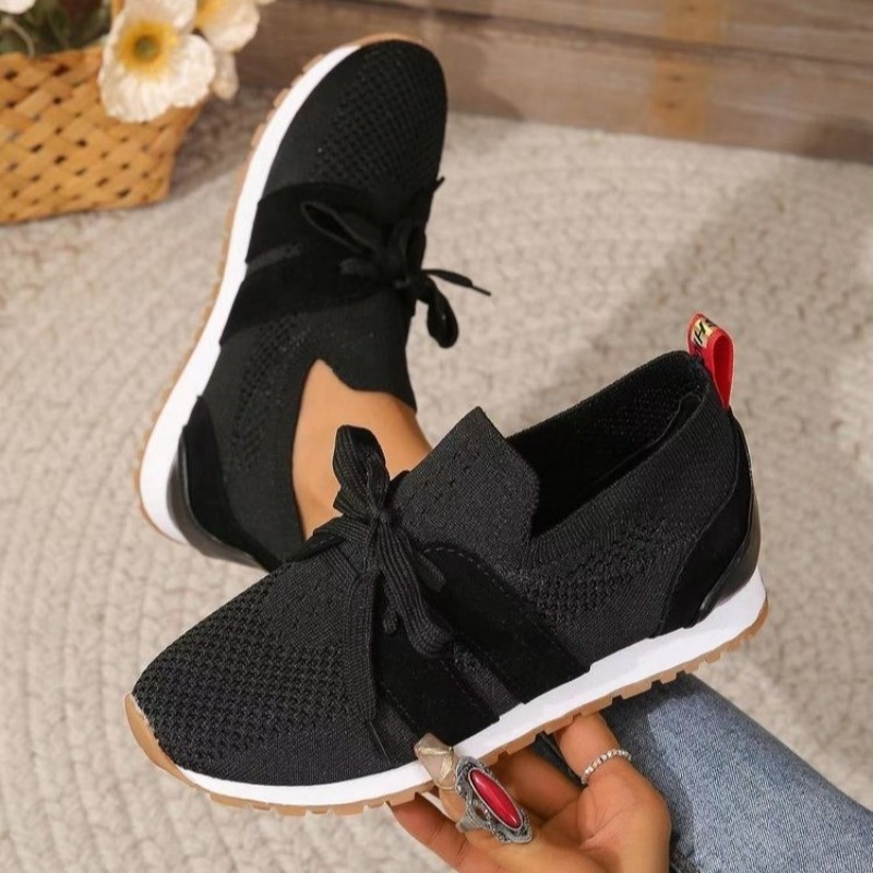 Knit Fabric Lace Up Sneakers - Novo preto malha respirável das mulheres