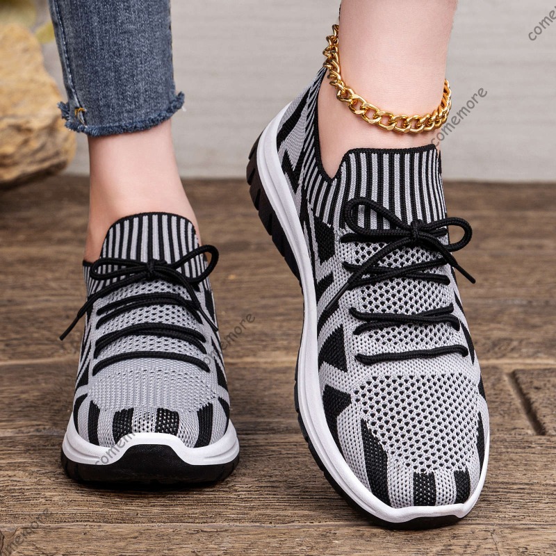Knit Fabric Lace Up Sneakers - Tênis femininos de malha respiráveis com