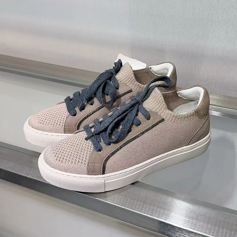 Knit Fabric Lace Up Sneakers - Mulheres malha respirável tênis primavera outono