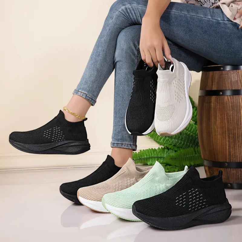 Knit Fabric Lace Up Sneakers - Tênis Unissex Slip-On Respirável de Malha