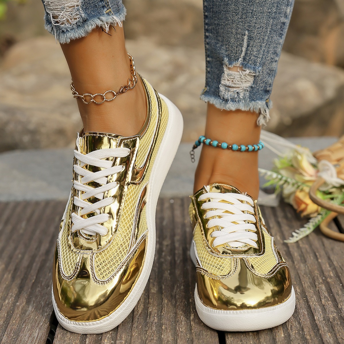Novos tênis femininos respiráv - Knit Fabric Lace Up Sneakers avaliação e preço