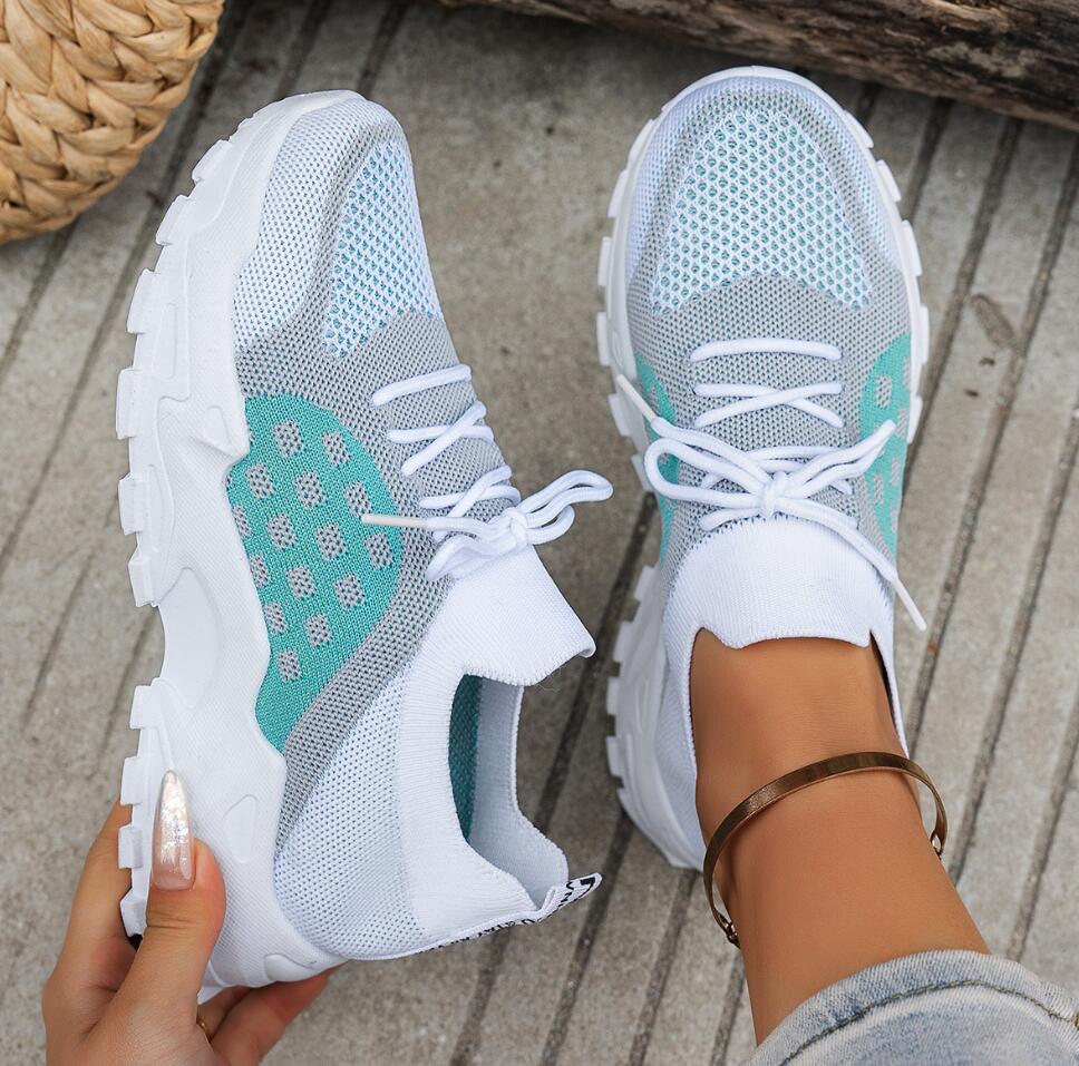 Tênis Esportivos Femininos Res - Knit Fabric Lace Up Sneakers avaliação e preço